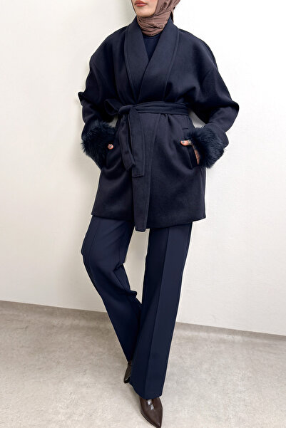 Salih Çelebi Fur Cuff Detailed Cashmere Coat 4460 - Dark Blue