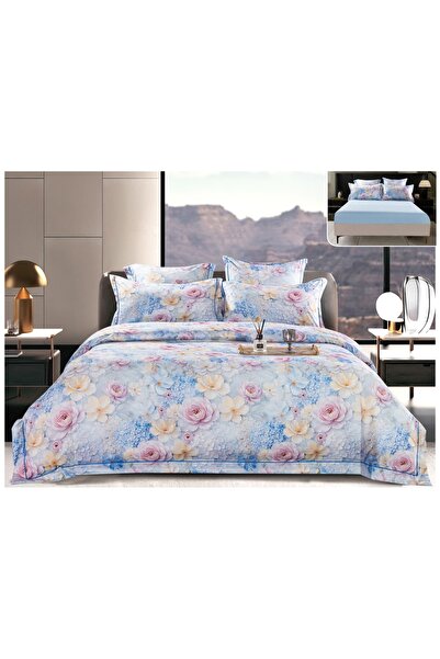 trendyhome Bed Linen, Satin Cotton, 6 Pieces, Flowers, Blue, PT13705-Elastic
