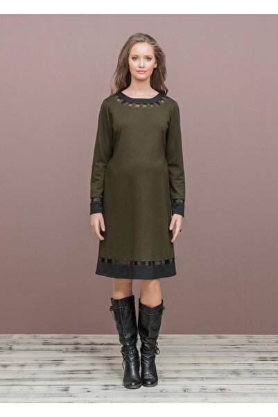 Desen Hamile Giyim Yeşil File Detaylı Hamile Elbise