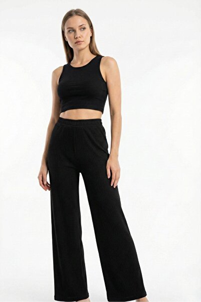 İBOSS MODA Ribbed Knit Fabric Corded Fabric Loose Leggings Pants High Waist Comfortable Fit