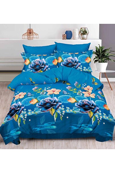 trendyhome Double Bed Linen, 6 PIECES, Satin Cotton, 3D, Floral Pattern, Blue B60-13