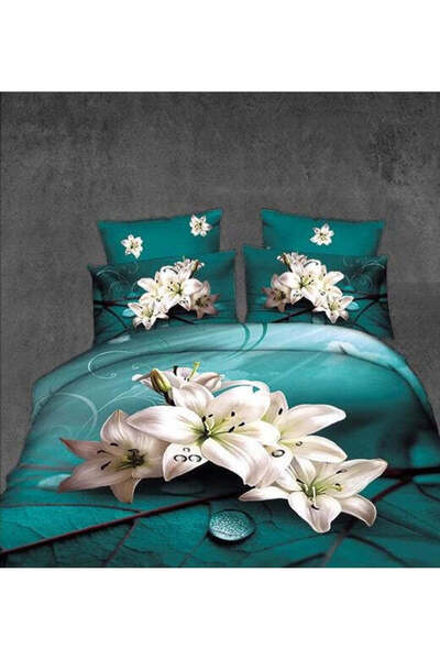 trendyhome Double Bed Linen, 6 PIECES, Satin Cotton, 3D, Floral Pattern, Turquoise, B60-23