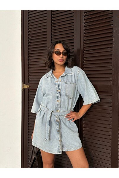 Blue Wings Full Button Closure Short Denim Dress with Belt