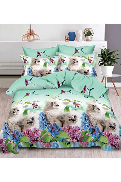 trendyhome Double Bed Linen, 6 PIECES, Satin Cotton, 3D, Kittens/Flowers Pattern, Turquoise B60-05