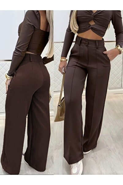 Deridün Yıldız Shoes Women's Long Sleeve Low-Cut Imported Crepe Blouse and Pants Two-Piece Set