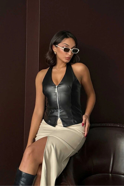 cemo Ön Fermuarlı Suni Deri Yelek