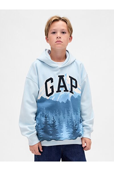 GAP Erkek Çocuk Mavi Grafik Baskılı Logo Sweatshirt