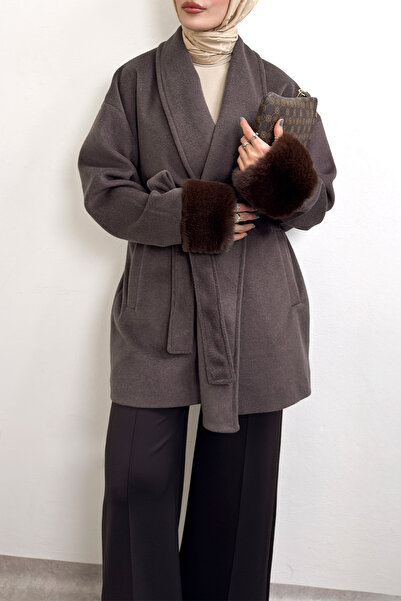 Salih Çelebi Fur Cuff Detailed Cashmere Coat 4460 - Brown