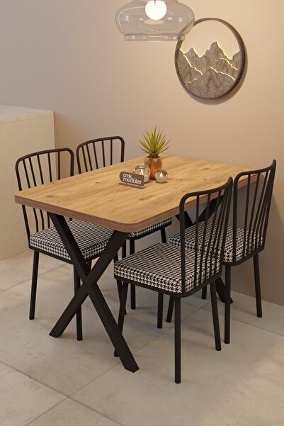 CMK Modüler X Ayaklı Yemek Masası Takımı 70x110 Çift Kalınlık Masa + 4 Güneş Sandalye Set