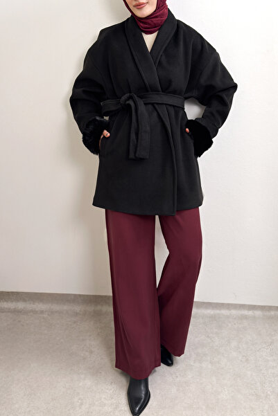 Salih Çelebi Fur Cuff Detailed Cashmere Coat 4460 - Black