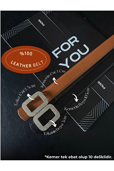 Fiori Genuine Curved Square Buckle Stone Women's Belt, Trouser Belt, Coat Belt, Dress Belt