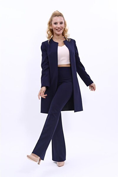 ÖNDER ÖZSOY سترة طويلة سادة بياقة دائرية وبنطلون واسع الأرجل بدلة نسائية محتش...