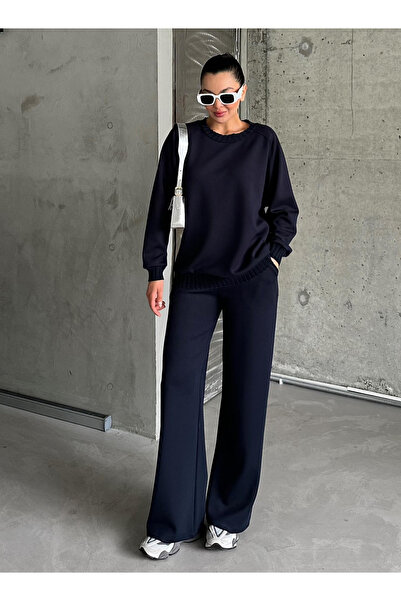 My Blog Navy Blue Knitwear Detailed Sweat Pants Set - 7053