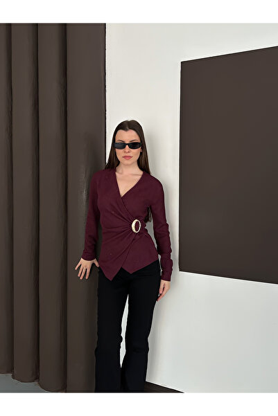 LE CARAMBOLE Women's Burgundy Double-Breasted Stone Printed Accessory Detailed Blouse