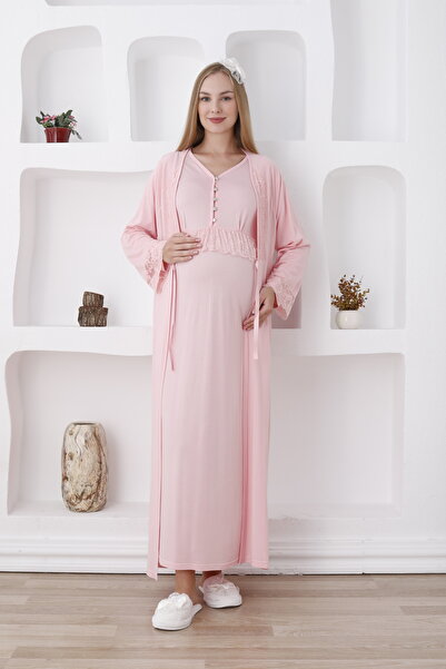 ERDENİZ TEKSTİL Hamile ve Lohusa Pijama Takımı Dantelli Saten Görünümlü Sabah...