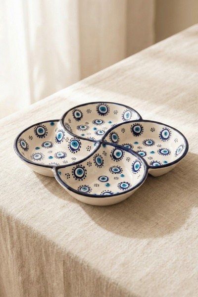 Zera Dizayn 4 Bölmeli Beyaz Nazar Boncuklu El Yapımı Seramik Çerezlik, Reçell...