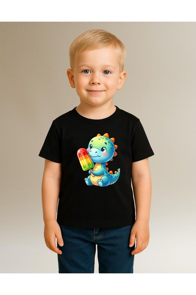 mixxi fashion Cute Dinosaur Eating Ice Cream Printed Short Sleeve Unisex T-Shirt (Ages 4-13)