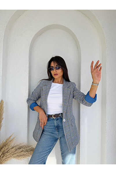 WOMKA Kadın Keşe Kumaş Ekose Desenli Tek Düğme Blazer Ceket