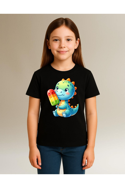 mixxi fashion Cute Dinosaur Eating Ice Cream Printed Short Sleeve Unisex T-Shirt (Ages 4-13)