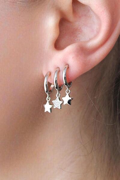 Nenya Vip Steel Triple Look Zircon Stone Detailed Star Earrings