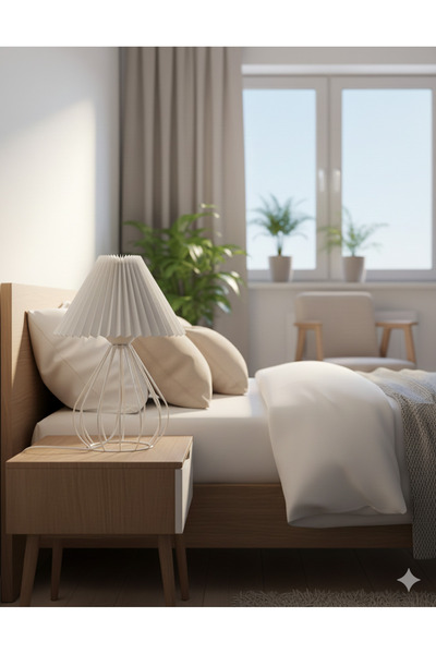 Decodelight Beyaz Rustik Modern Metal Tel Ayaklı 22'lik Pileli Beyaz Kumaş Şa...