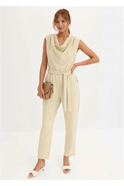 MAMAYAGA Women's Degaje Collar Sleeveless Pants Blouse-Looking Sporty Stylish Plus Size Curve Belted Jumpsuit