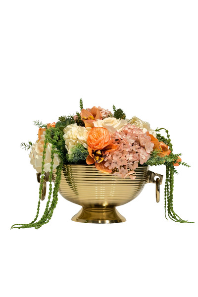 Lara Decor - Gold Döküm Halkalı Kase Somon Çiçek Aranjmanı