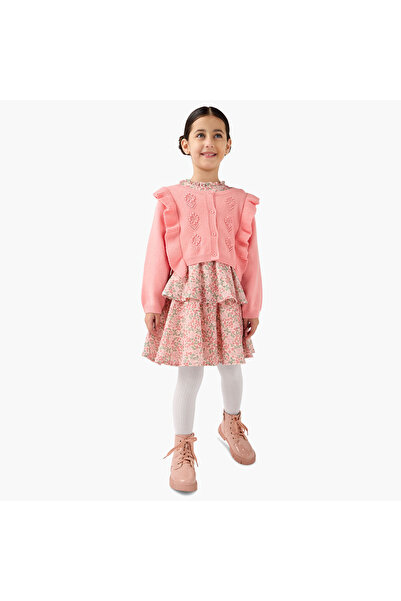 ELIGO Floral Print Dress with Cardigan and Tights