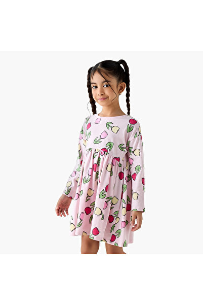 Juniors Floral Print A-Line Dress with Long Sleeves