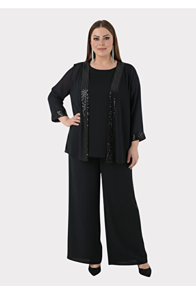 LİLAS XXL Büyük Beden Siyah Renkli Şifon Abiye Pantolon Bluz Takım