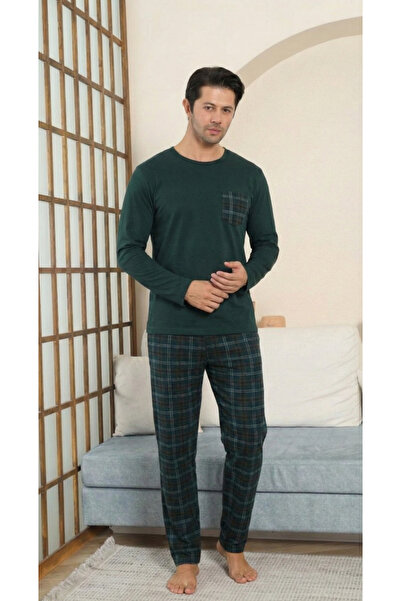 STELLAPİNK طقم بيجامة رجالي طويل من القطن الممشط المنقوش