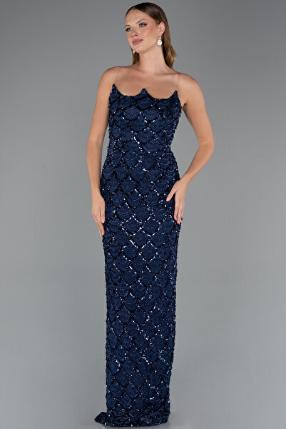 Abiyefon Lacivert Straplez Uzun Pullu Balık Abiye Elbise ABU5491