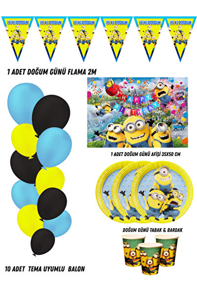 HAPPYLOOPPARTY Minions Minyonlar 24 Kişilik Doğum Günü Parti Malzemeleri Süsleri