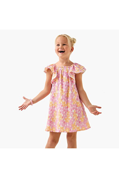 Juniors Floral Print Dress with Ruffle Sleeves