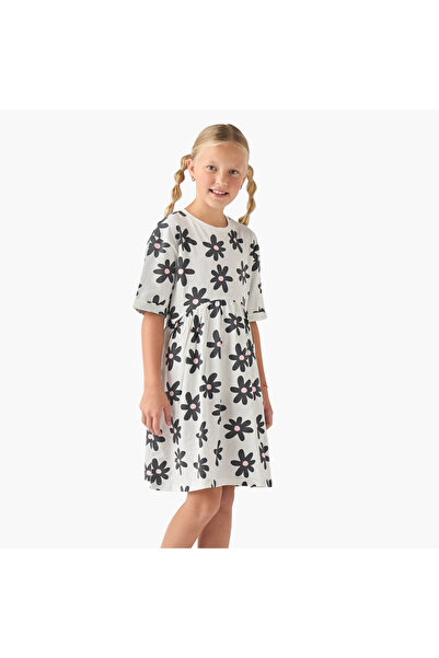Juniors Round Neck Short Sleeves Dress with Floral Print