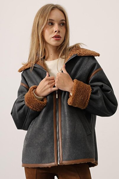 Trend Alaçatı Stili Women's Anthracite Contrast Zippered Wool Jacket Vs01623