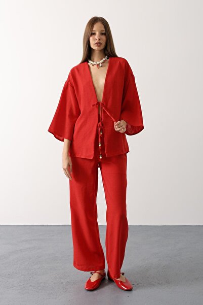 Trend Alaçatı Stili Women's Red Tie-Dye Detailed Blouse and Elastic Waist Tro...