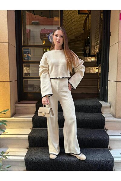 NEWCO Women's Shepherd Stitch Knitwear Set Corded Fabric Crop Sweater with Trousers Two-Piece Set