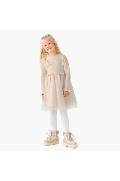 Juniors Round Neck Long Sleeves Knee Length Dress with Bow Detail