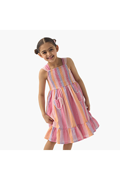 Juniors Striped Sleeveless Dress with Square Neck and Flounce Hem