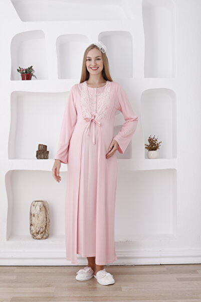 ERDENİZ TEKSTİL Uzun Kollu Hamile Lohusa Pijama Sabahlık Seti Düğmeli Güpürlü...