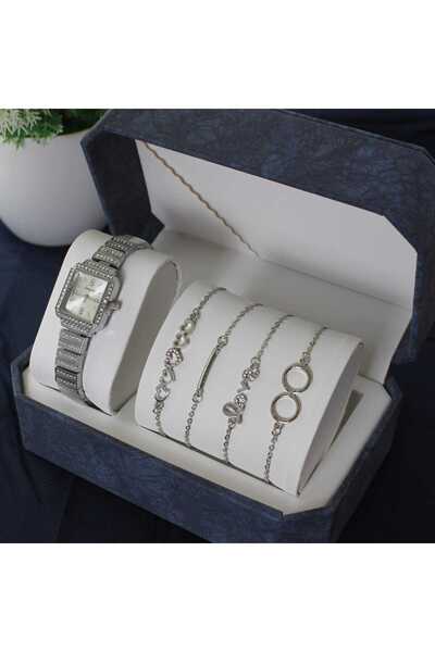 rovan Women's Gift Set: Crystal-studded silver watch with 4 silver bracelets (hearts, infinity, and others) in an elegant box