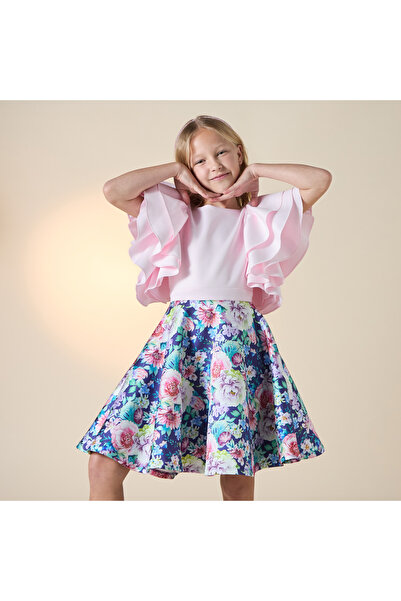 Juniors Floral Print Dress with Ruffled Sleeves