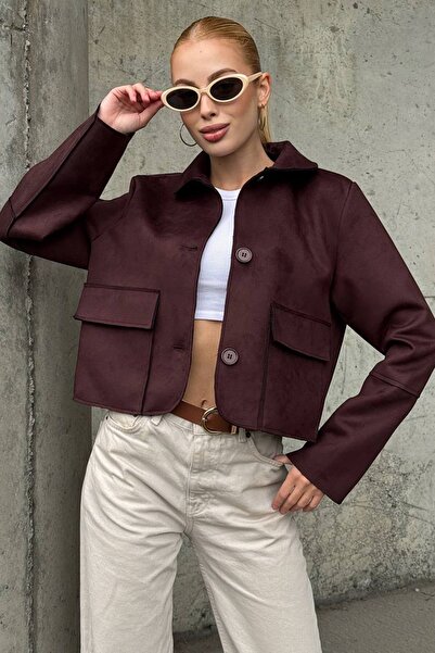 Trend Alaçatı Stili سترة نسائية من جلد الغزال بأزرار بلون البرقوق وتفاصيل جيو...