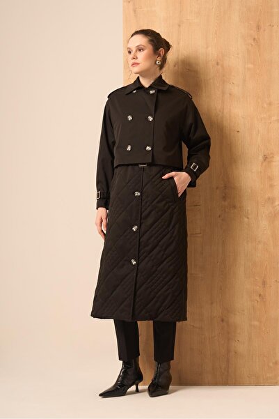 FTZ WOMEN Women's Double Trench Coat Black 31253