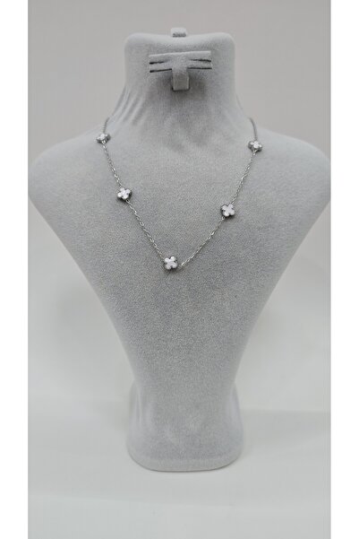 NO NAME Paslanmaz Çelik Beyaz Taşlı Gümüş Renk Çift Taraflı Yonca KOLYE