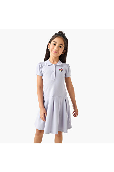 Juniors Collared Short Sleeves Knee Length Polo Dress with Floral Print