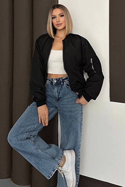 Trend Alaçatı Stili Jachetă căptușită Bomber cu supradimensionat fermoare, ne...