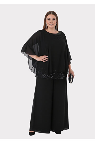 LİLAS XXL Büyük Beden Siyah Renkli Şifon Abiye Pantolon Bluz Takım