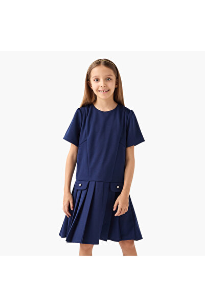 Juniors فستان بخصر منخفض مطوي ورقبة دائرية